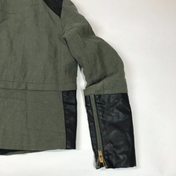 Zara Moto Jacket Women's L Asymmetrical Olive Green Black Sleeve Gold Zip Spring - Picture 8 of 10